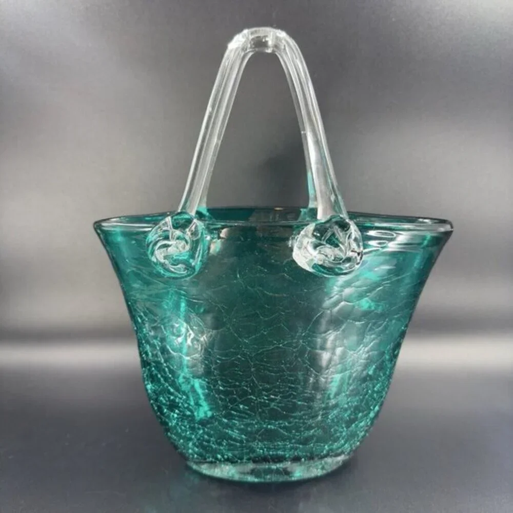 Hand Blown Green Crackle Glass Purse Shape Vase Glassware Decor‎ Clear Handles